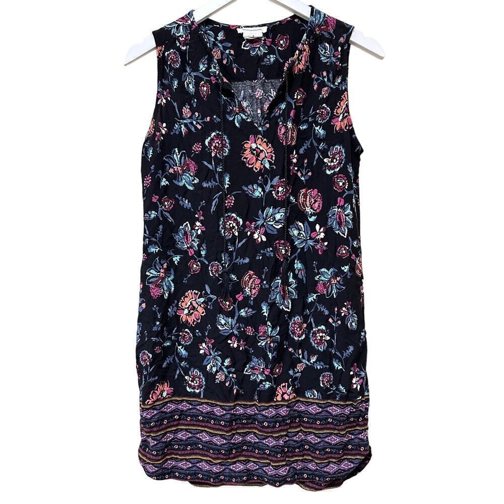 BeachLunchLounge Black Multi Kayla Tassel Floral Shift Tank Mini Dress Size S